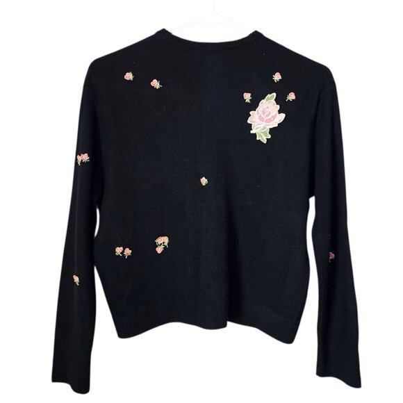 PARK STORYK 60's Rose Embroidered Cardigan Sweater Black Floral Orlon Knit - Picture 3 of 7